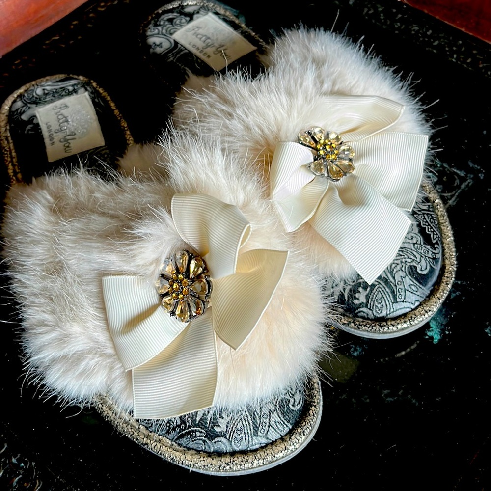 Jeweled fur and brocade slippers